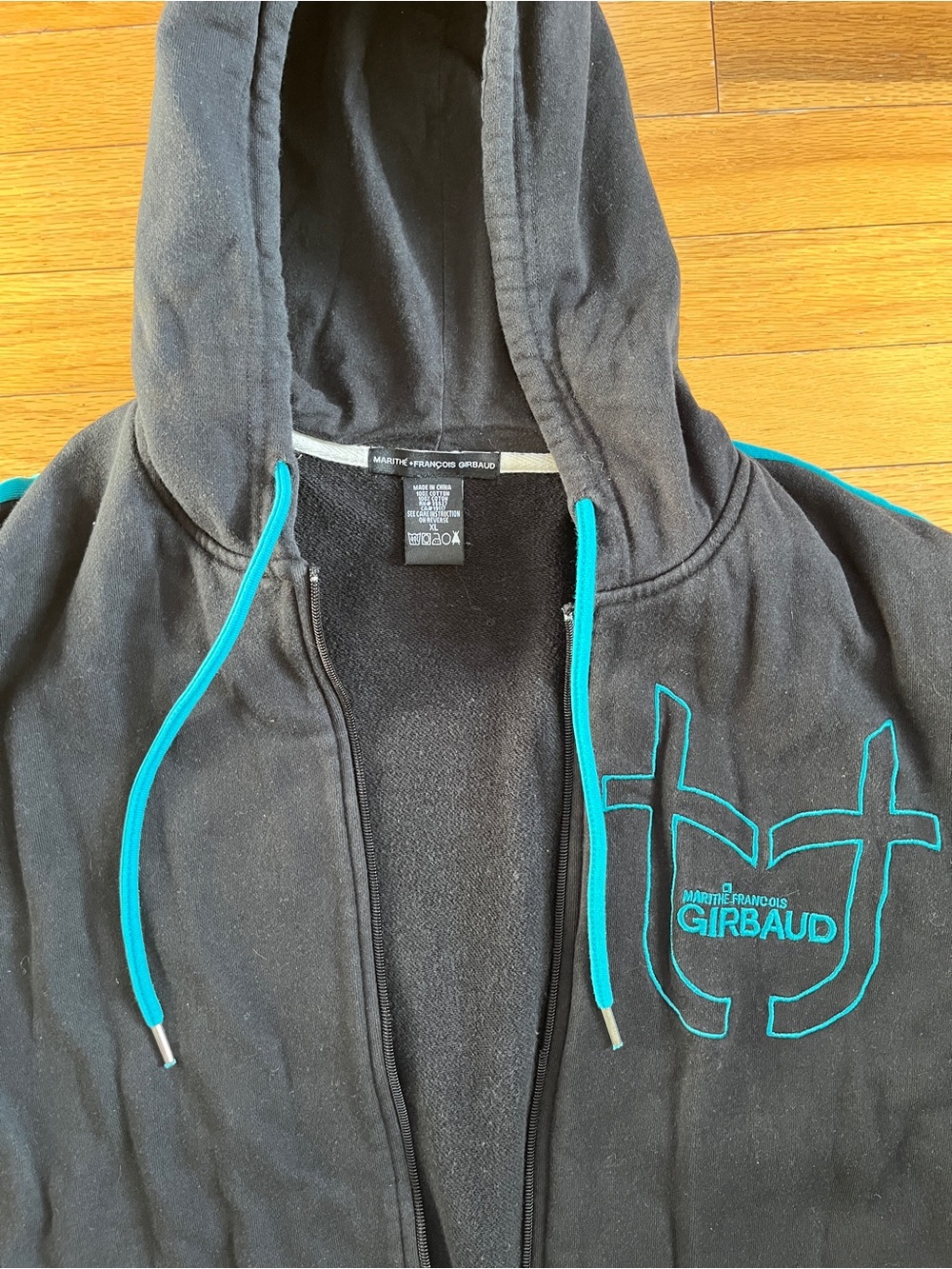 VTG Girbaud Full Zip Hoodie Black Teal Colorblock Sweatshirt Pockets Hip-Hop Y2K - Picture 2 of 7